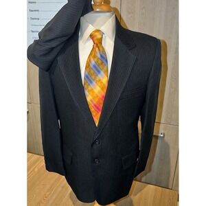 Oakton 2 Piece Suit Sz 42S Pants 34 x 27 Black Blue Pin Stripe Vintage USA Made